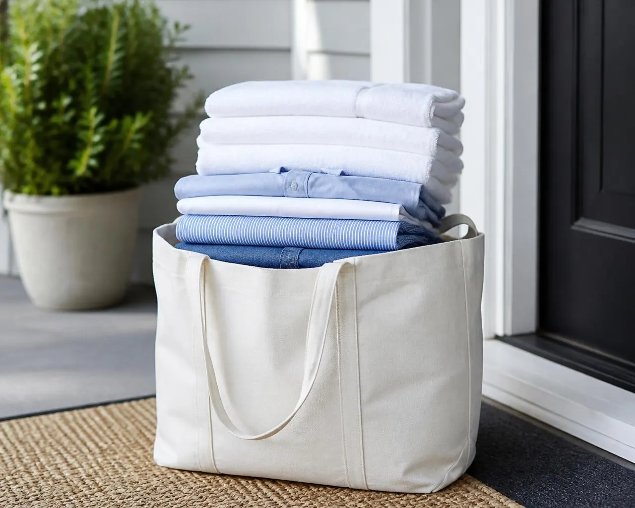 Freshly washed and professionally folded laundry delivered in a tote on a North Dallas doorstep